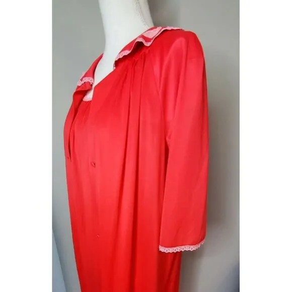 Lorraine Vintage Red Pink Lace Trimmed Nylon Nightgown/Robe Peignoir 2 PC Set S