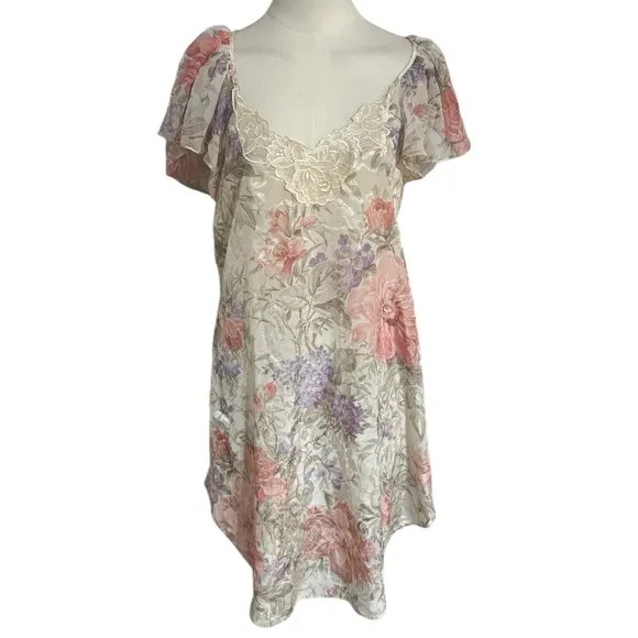 LUCIE ANN ll 2 Floral Lace Trimmed Slip Dress Mini Flutter Sleeve Vintage Sz M