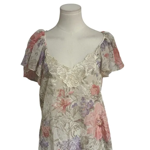 LUCIE ANN ll 2 Floral Lace Trimmed Slip Dress Mini Flutter Sleeve Vintage Sz M