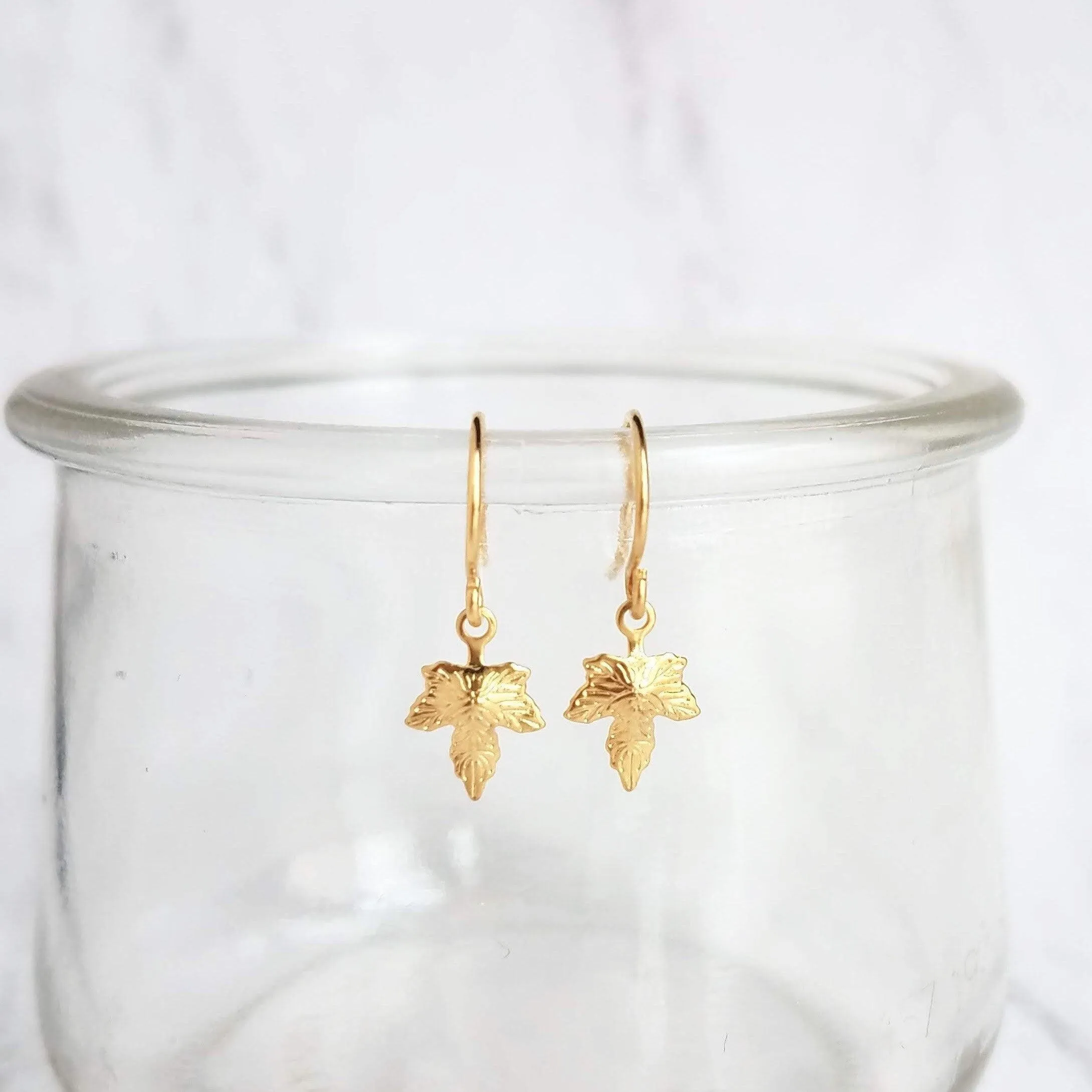 Maple Leaf Earrings, tiny gold leaf earring, fall earring, autumn earring, small gold leaf earring, gold leaf dangle, gold maple leaf