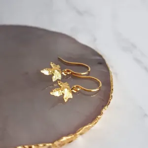 Maple Leaf Earrings, tiny gold leaf earring, fall earring, autumn earring, small gold leaf earring, gold leaf dangle, gold maple leaf