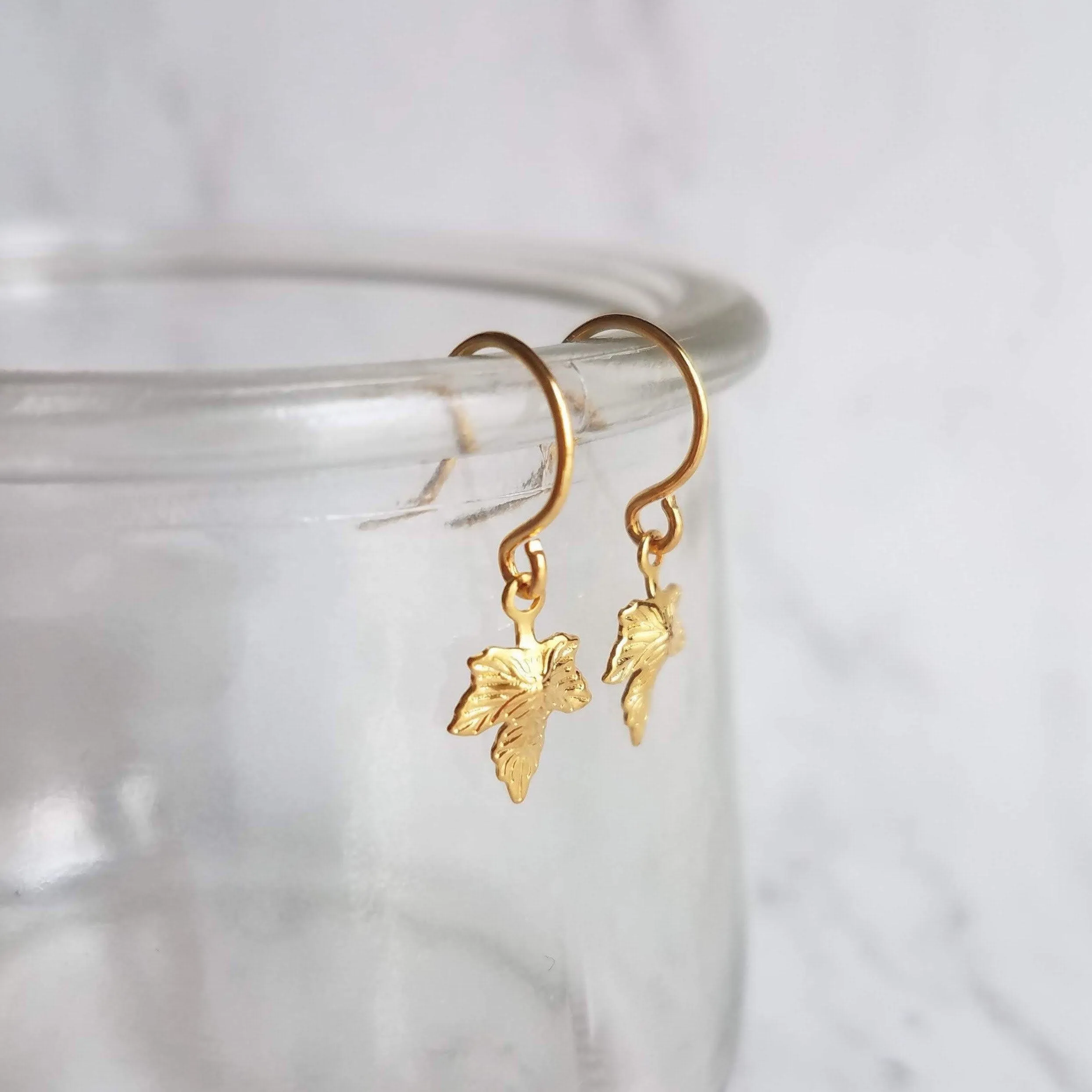 Maple Leaf Earrings, tiny gold leaf earring, fall earring, autumn earring, small gold leaf earring, gold leaf dangle, gold maple leaf