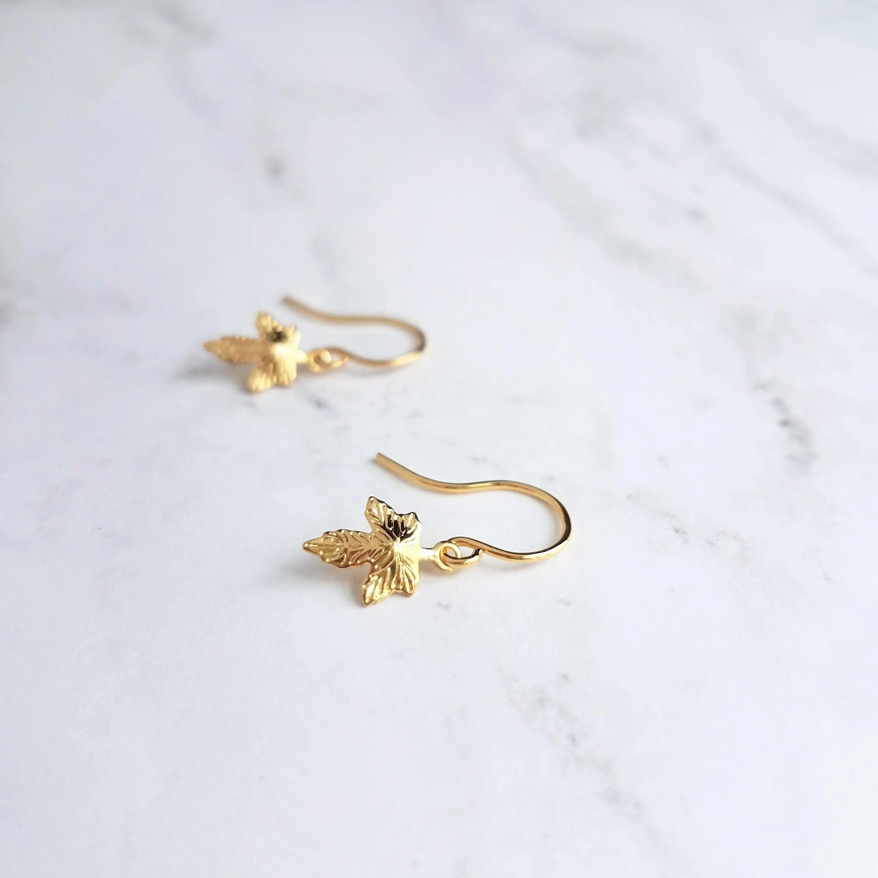 Maple Leaf Earrings, tiny gold leaf earring, fall earring, autumn earring, small gold leaf earring, gold leaf dangle, gold maple leaf