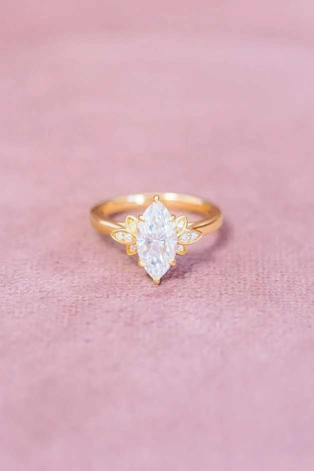 Marquise Moissanite Engagement Ring Leaf Accent Design