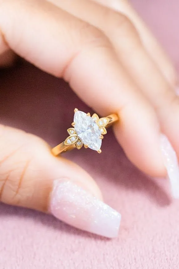 Marquise Moissanite Engagement Ring Leaf Accent Design