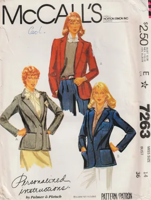 McCall's 7263 PALMER PLETSCH Womens Classic Blazer Jacket 1980s Vintage Sewing Pattern Size 14 Bust 36 inches UNCUT Factory Folded