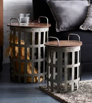 Metal and Wood Side Basket Tables (Set of 2)