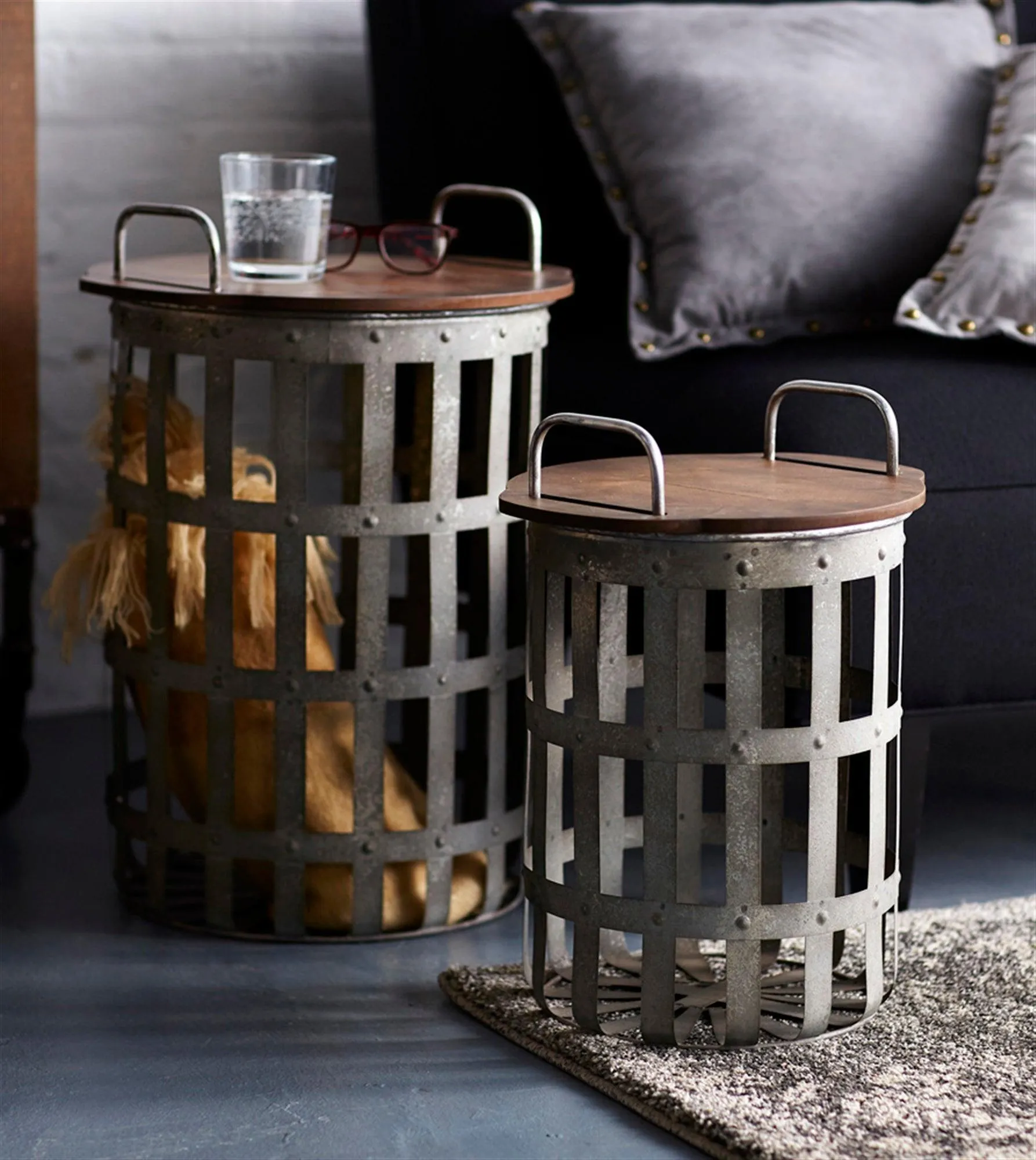 Metal and Wood Side Basket Tables (Set of 2)