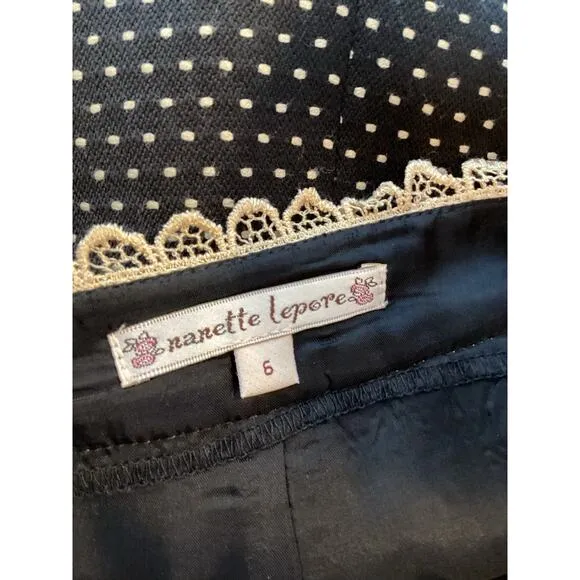 Nanette Lepore Y2K Secretary Black Ivory Polka Dot Aline Lace Wool Work Skirt 6