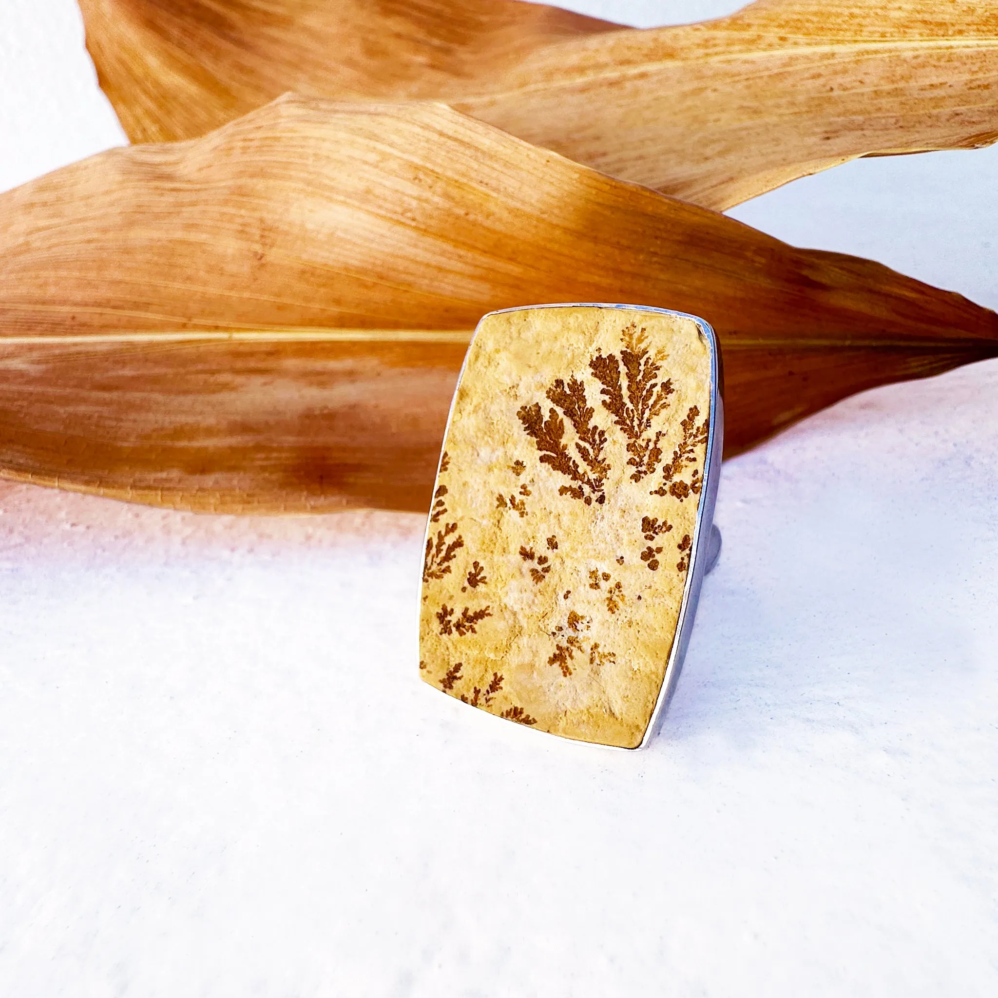 Natural Freeform Rectangular Leaf Jasper Silver Ring