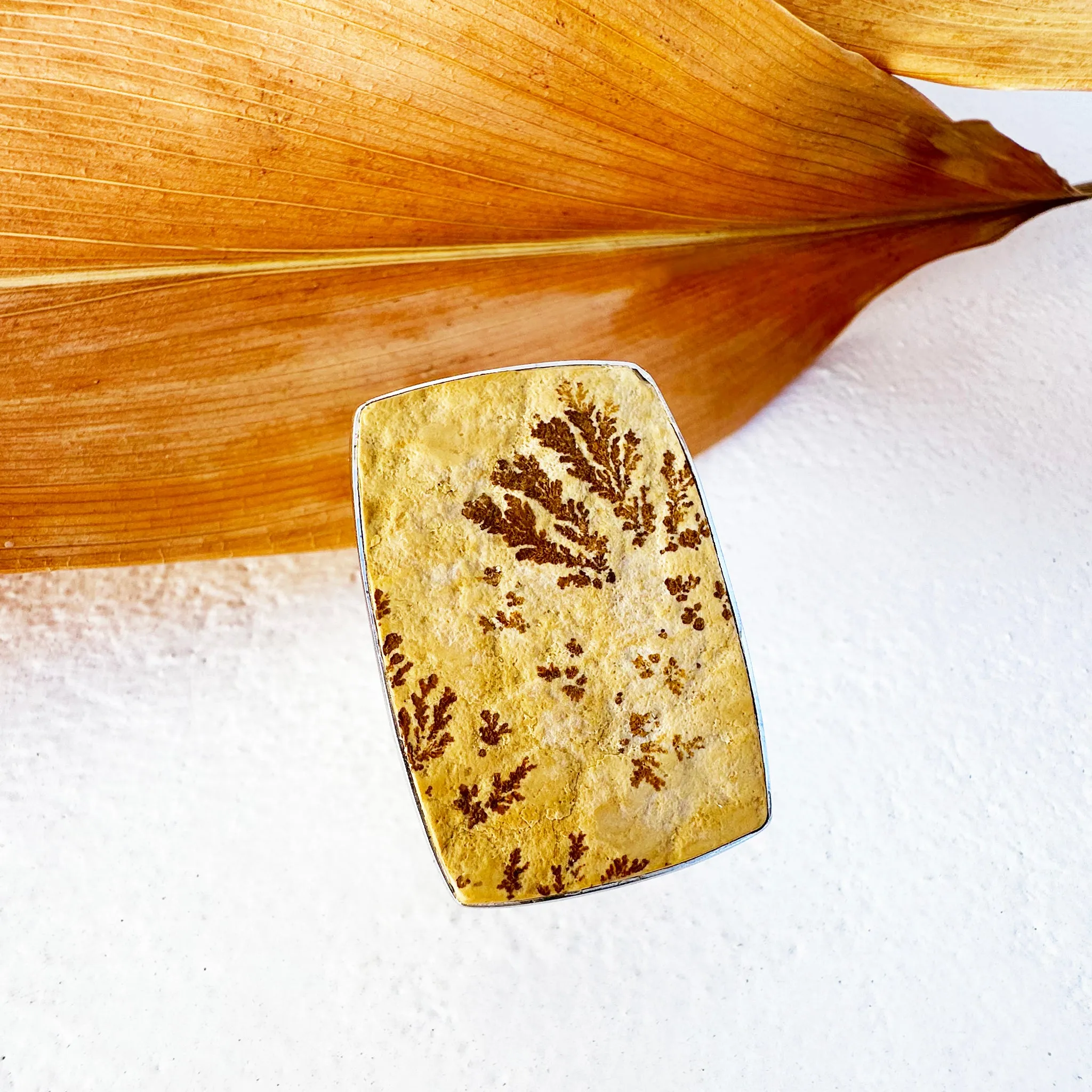 Natural Freeform Rectangular Leaf Jasper Silver Ring