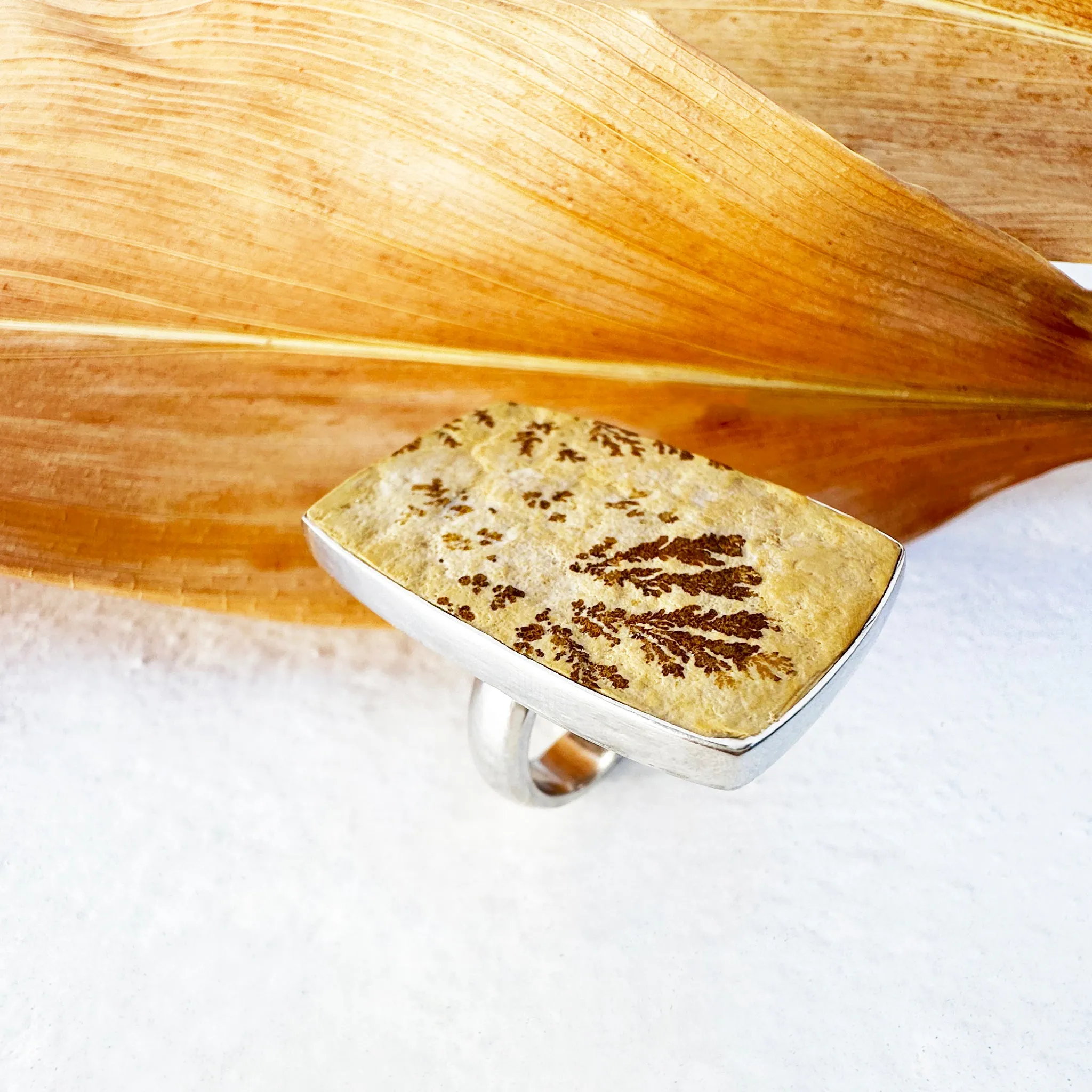 Natural Freeform Rectangular Leaf Jasper Silver Ring