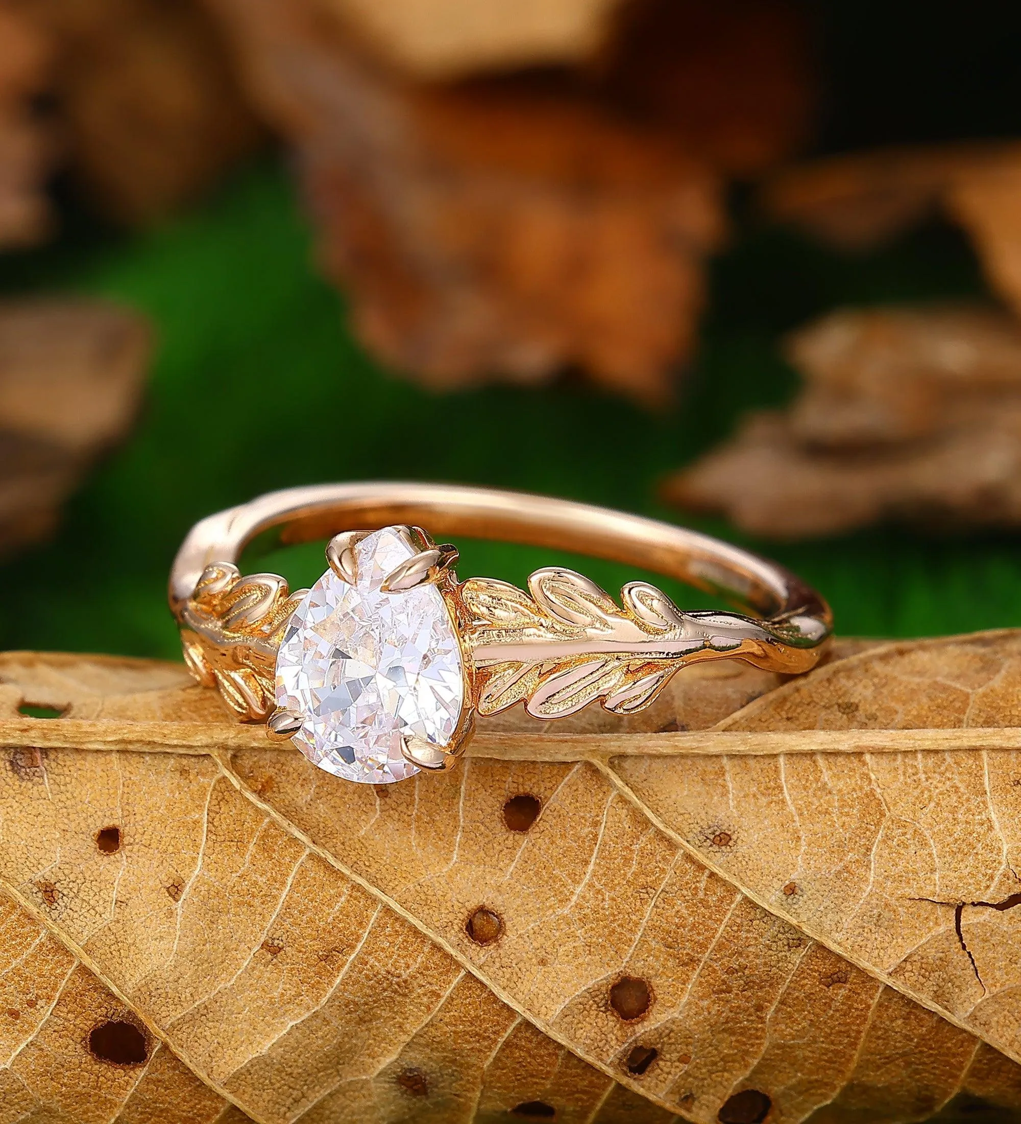 Nature Inspired Leaf Round Lab Grown Diamond Wedding Ring