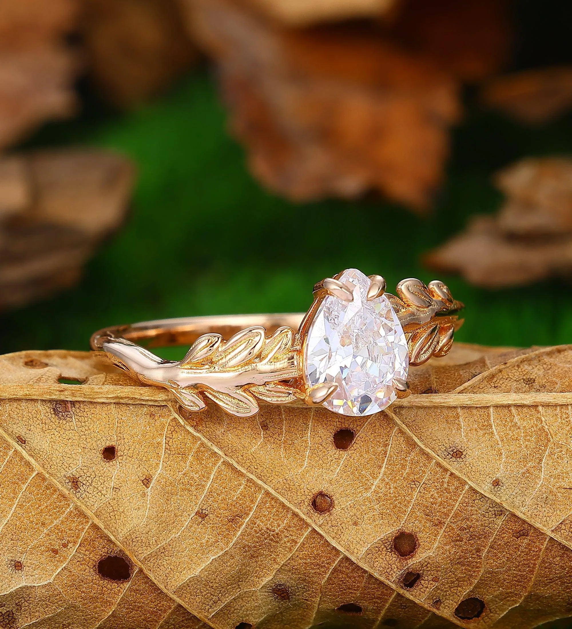 Nature Inspired Leaf Round Lab Grown Diamond Wedding Ring