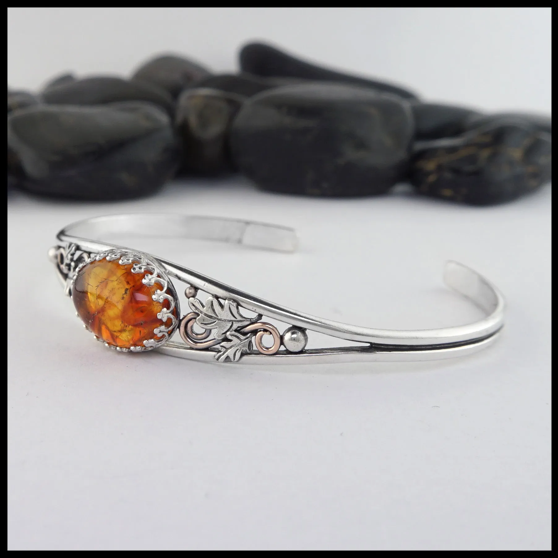 Oak Leaf Cuff Bracelet with Amber
