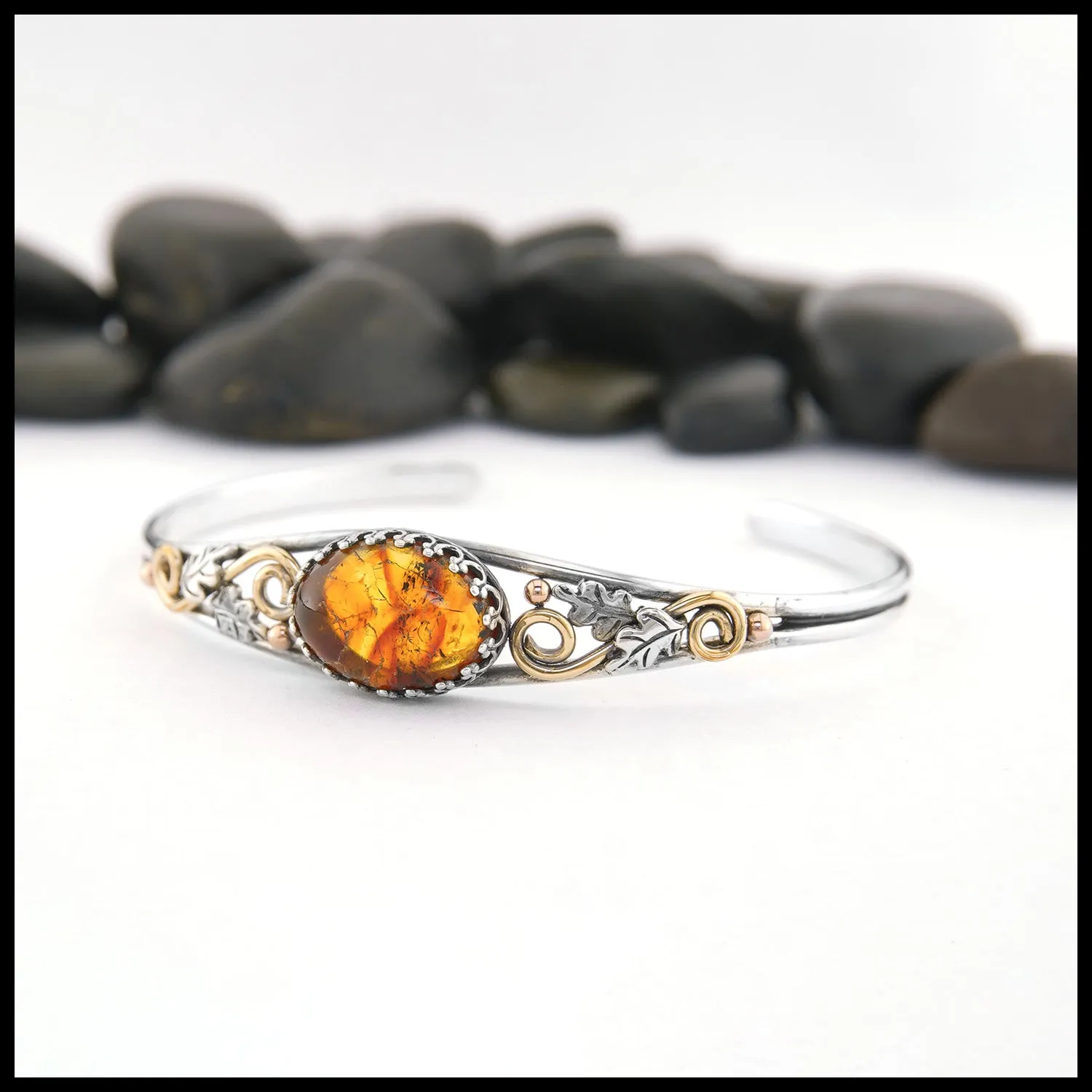 Oak Leaf Cuff Bracelet with Amber