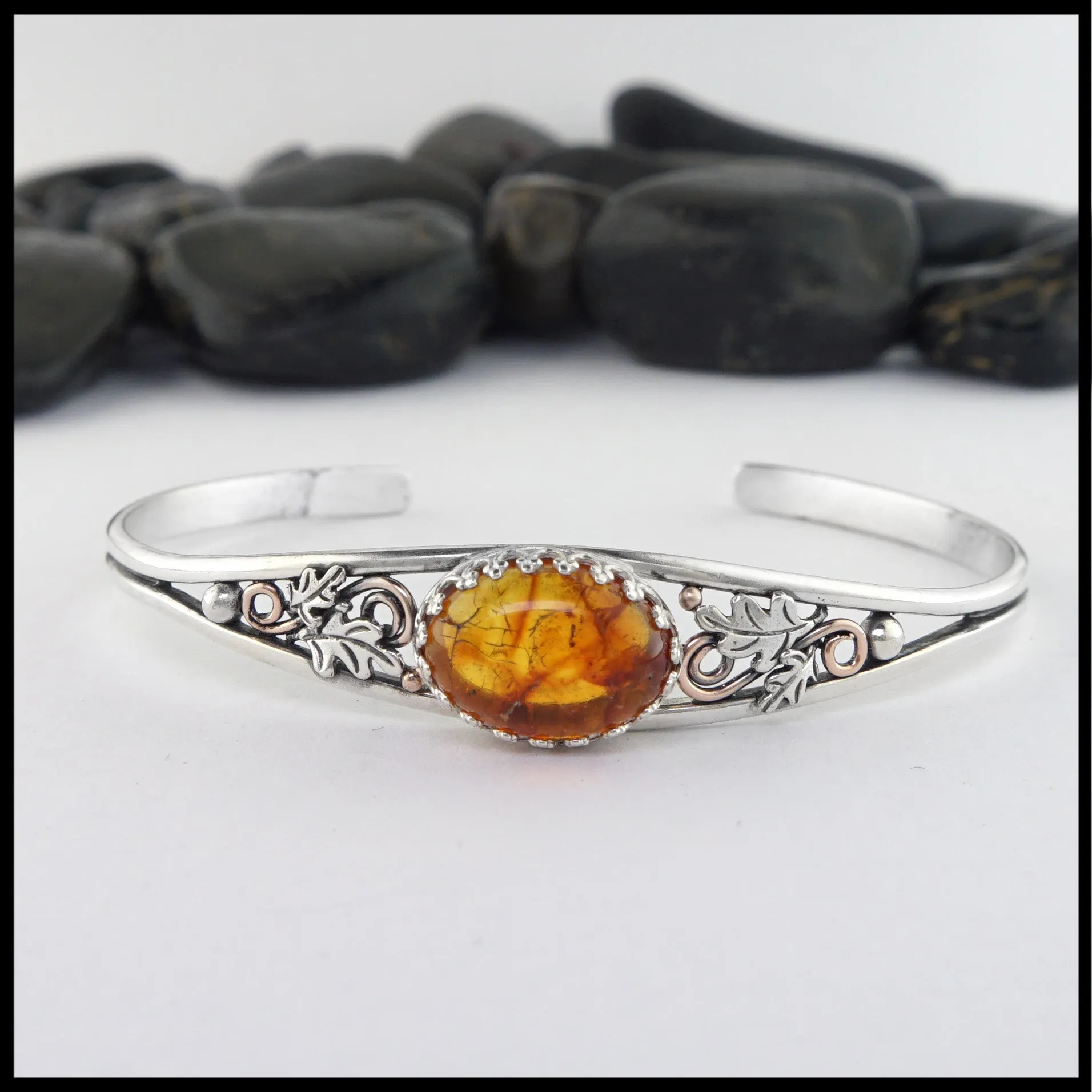Oak Leaf Cuff Bracelet with Amber