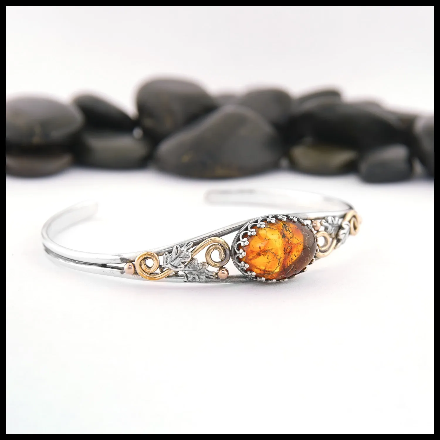 Oak Leaf Cuff Bracelet with Amber