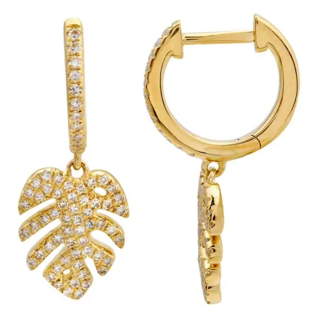 PALM LEAF DIAMOND CHARM HOOP EARRINGS