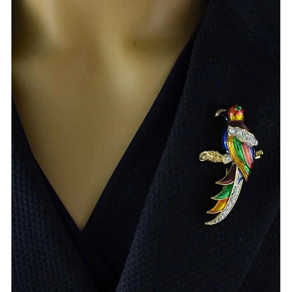 Parrot Brooch Pin with Colorful Dark Enamel and Crystals - PRB027