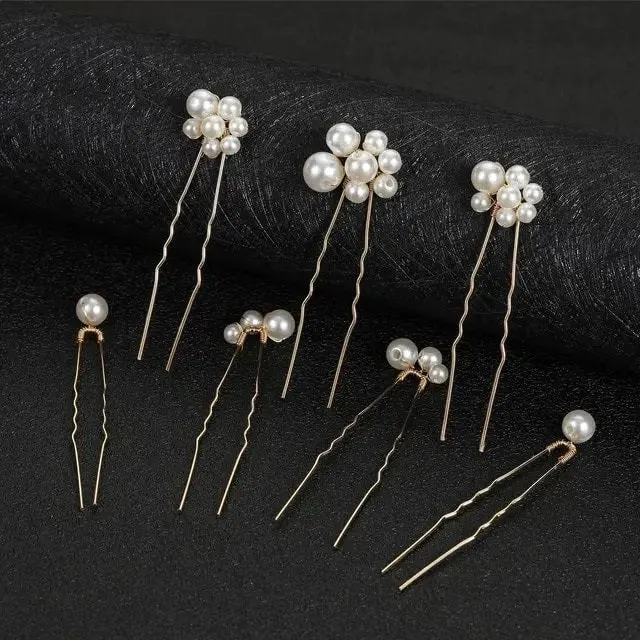 Pearl Cluster 7 PC Hairpin Set, Wedding Pearl Bridal U Hair Pin, Minimalist Bride Pearl Hairpiece Set