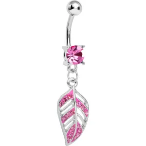 Pink Gem Paved Floating Leaf Dangle Belly Ring