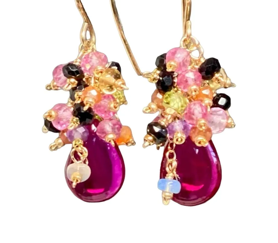 Pink Rubellite Colorful Gem Cluster Earrings
