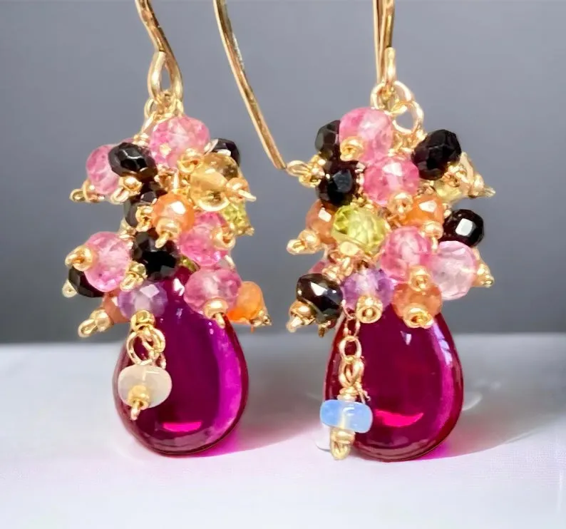 Pink Rubellite Colorful Gem Cluster Earrings