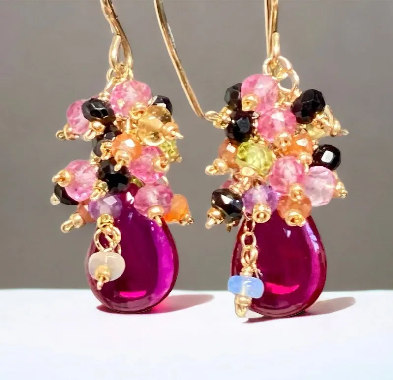 Pink Rubellite Colorful Gem Cluster Earrings