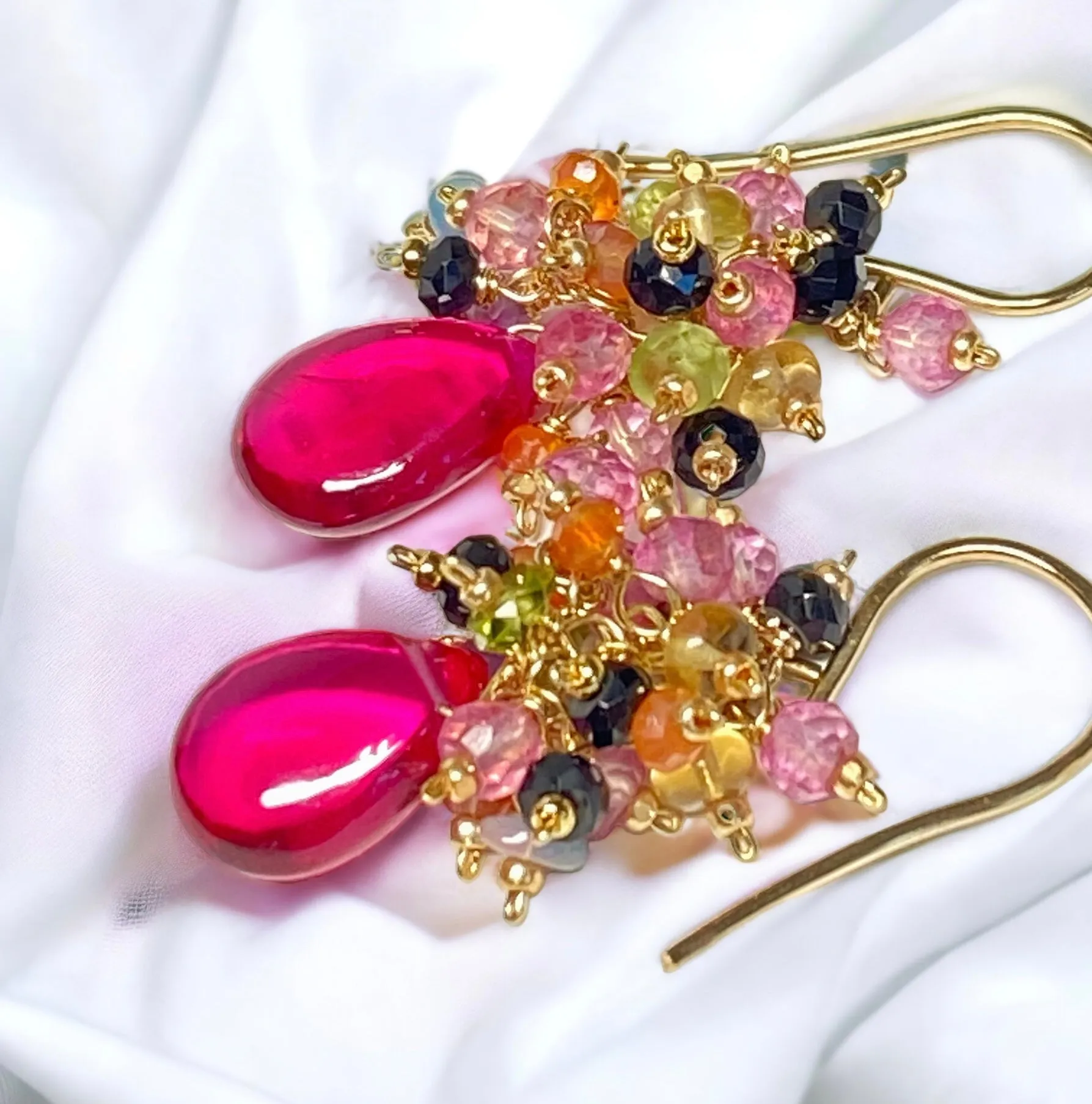 Pink Rubellite Colorful Gem Cluster Earrings