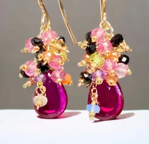 Pink Rubellite Colorful Gem Cluster Earrings