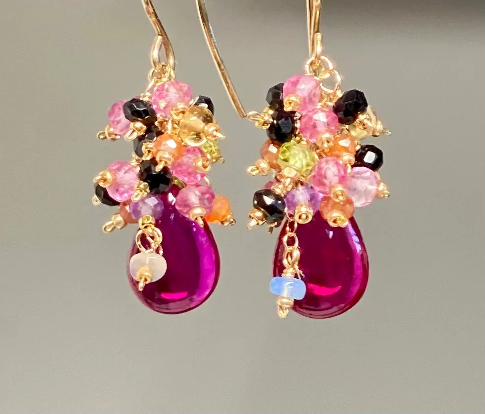 Pink Rubellite Colorful Gem Cluster Earrings