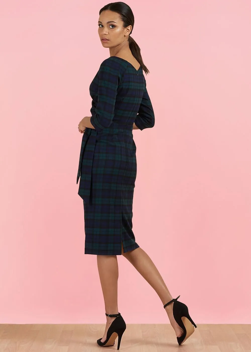Pretty Dress Company Hourglass Tartan Pencil Dress Green & Navy
