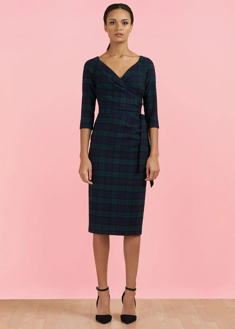 Pretty Dress Company Hourglass Tartan Pencil Dress Green & Navy