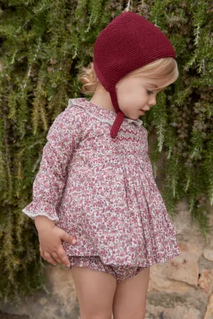 "Pippa" Burgundy Smocked Floral Dress & Bloomers