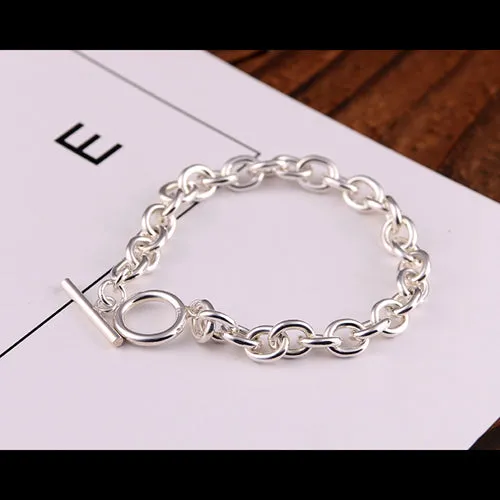 Real Solid 925 Sterling Silver Bracelets Oval Link Chain Simple Fashion Jewelry