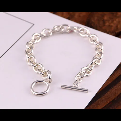 Real Solid 925 Sterling Silver Bracelets Oval Link Chain Simple Fashion Jewelry
