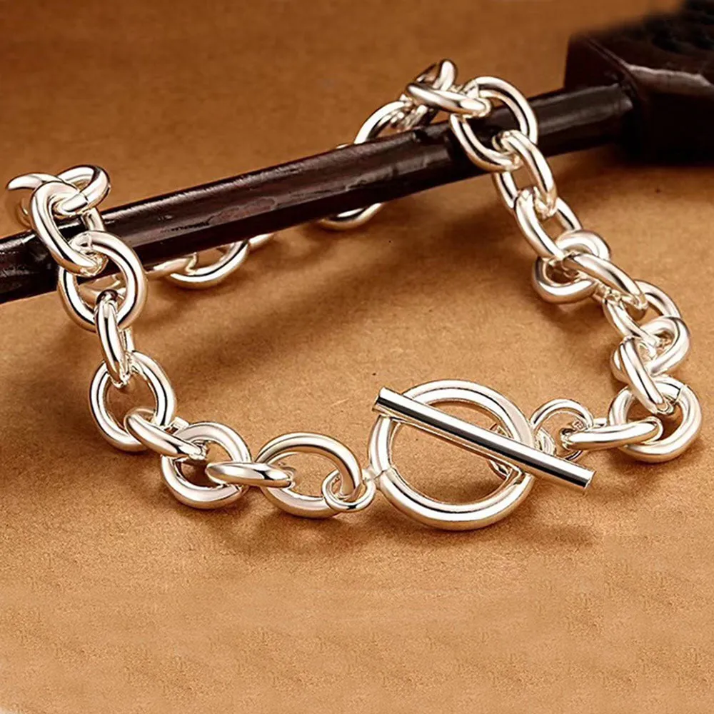 Real Solid 925 Sterling Silver Bracelets Oval Link Chain Simple Fashion Jewelry