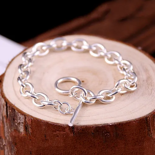 Real Solid 925 Sterling Silver Bracelets Oval Link Chain Simple Fashion Jewelry