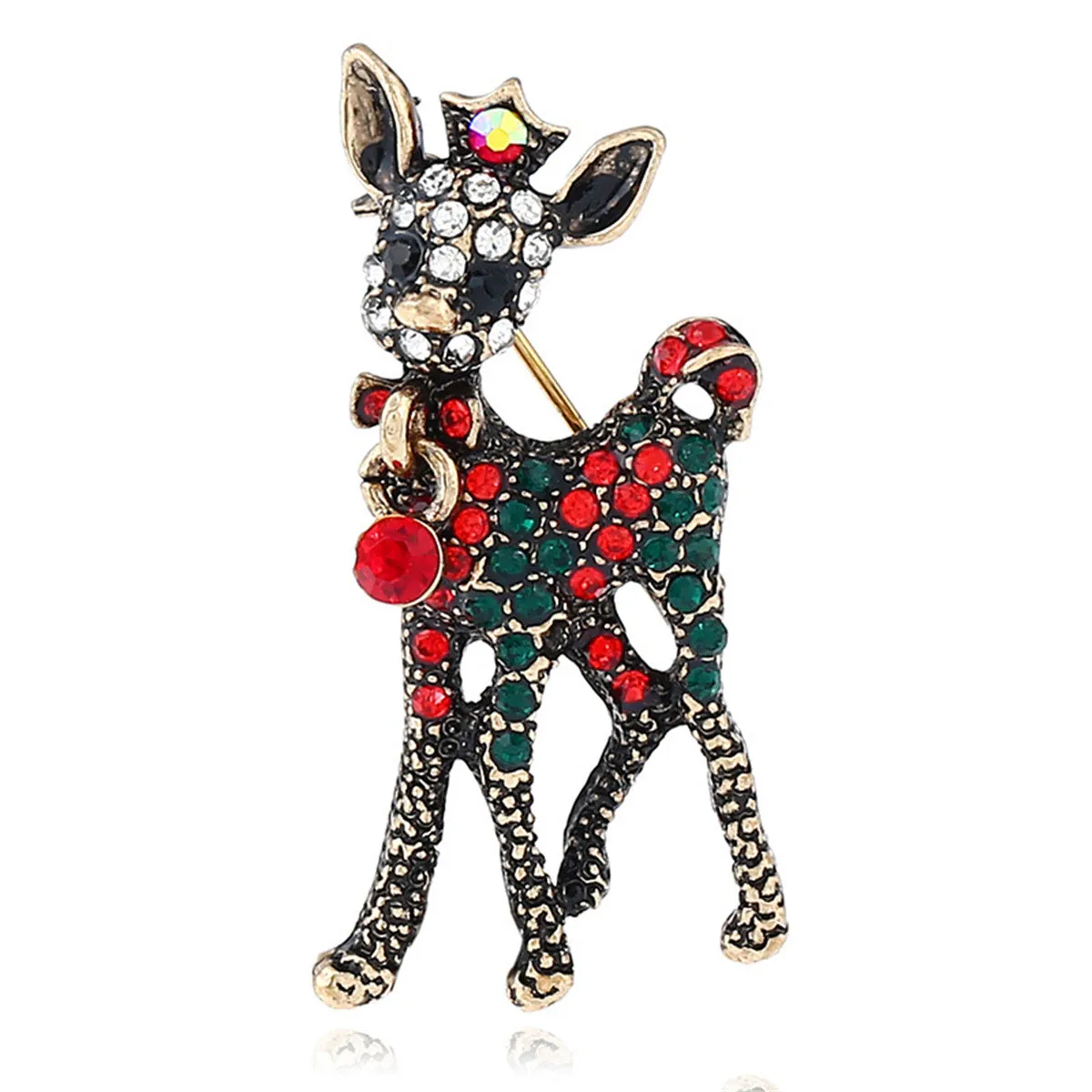 Red & Green Cubic Zirconia 18K Gold-Plated Reindeer Brooch