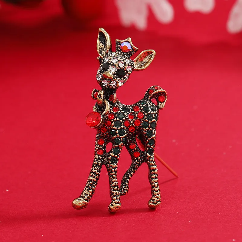 Red & Green Cubic Zirconia 18K Gold-Plated Reindeer Brooch