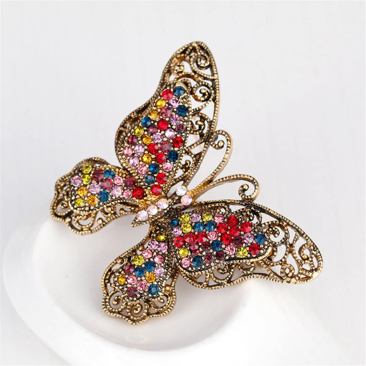 Red Multicolor Cubic Zirconia & 18K Gold-Plated Butterfly Brooch