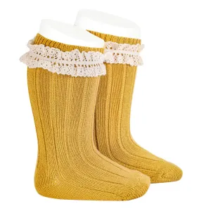 Rib knee-high socks with vintage lace,Mustard 2.438/2 629