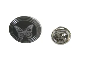 Silver Toned Etched Oval Simple Butterfly Bug Lapel Pin