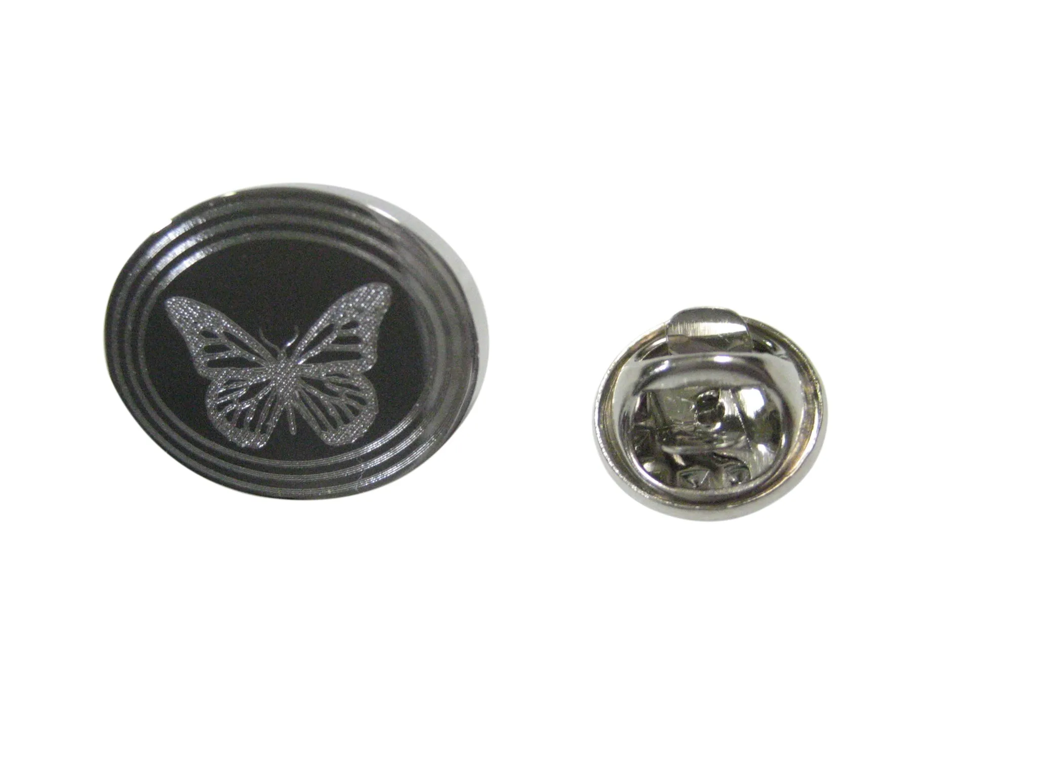 Silver Toned Etched Oval Simple Butterfly Bug Lapel Pin