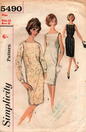 Simplicity 5490 Womens Shift Dress & Slip 1960s Vintage Sewing Pattern Size 12 Bust 32 inches