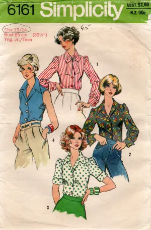 Simplicity 6161 Young Junior Teens Shirt with Wide Collar & Cuffs 1970s Vintage Sewing Pattern Bust 33.5 inches