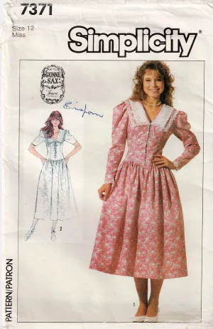 Simplicity 7371 GUNNE SAX Womens Drop Waisted Dress with Laced Front Bodice 1980s Vintage Sewing Pattern Size 12 Bust 34 inches UNCUT Factory Folded