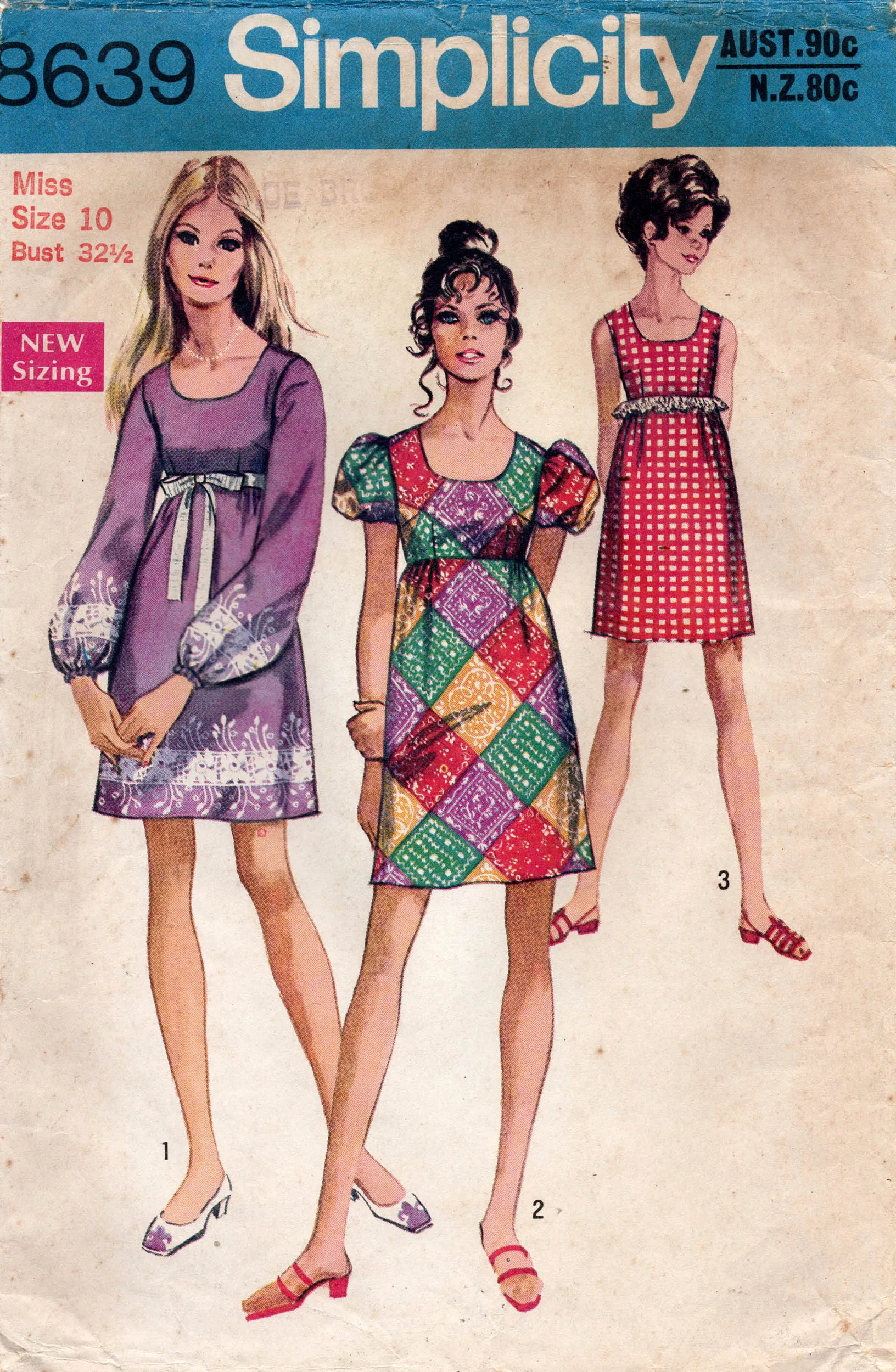Simplicity 8639 Womens Puff Sleeved Empire Waist Dress 1970s Vintage Sewing Pattern Size 10 Bust 32 1/2 inches