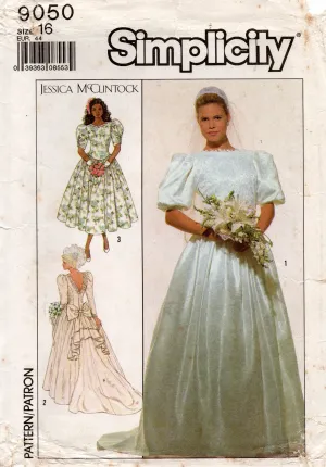 Simplicity 9050 JESSICA McCLINTOCK Womens Wedding or Bridesmaids Dress V Back Puff Sleeves 1980s Vintage Sewing Pattern Size 16 Bust 38 inches UNCUT Factory Folded